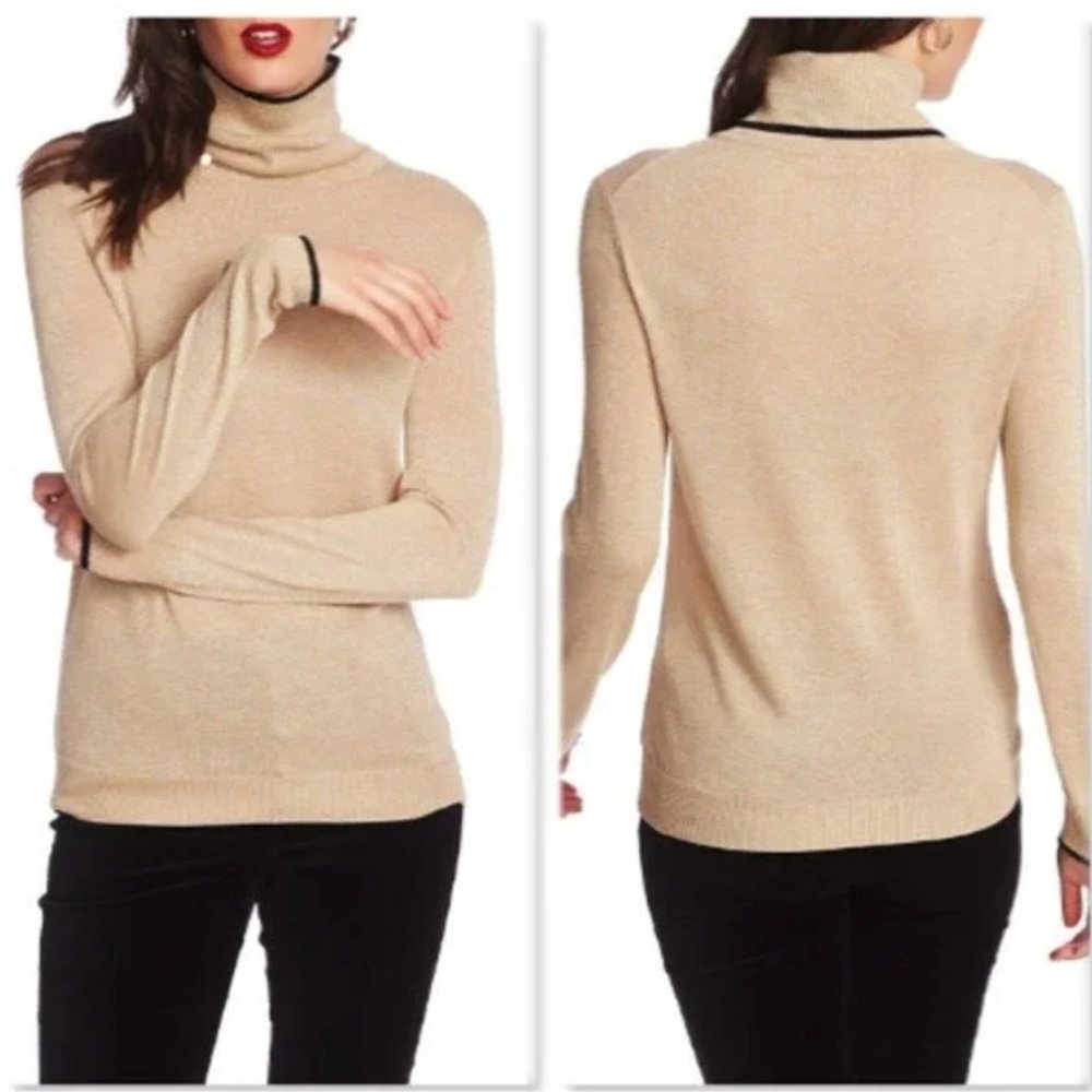 COURT & ROWE Gold Metallic Turtleneck Sweater Chic Ribbed Business Casua…
